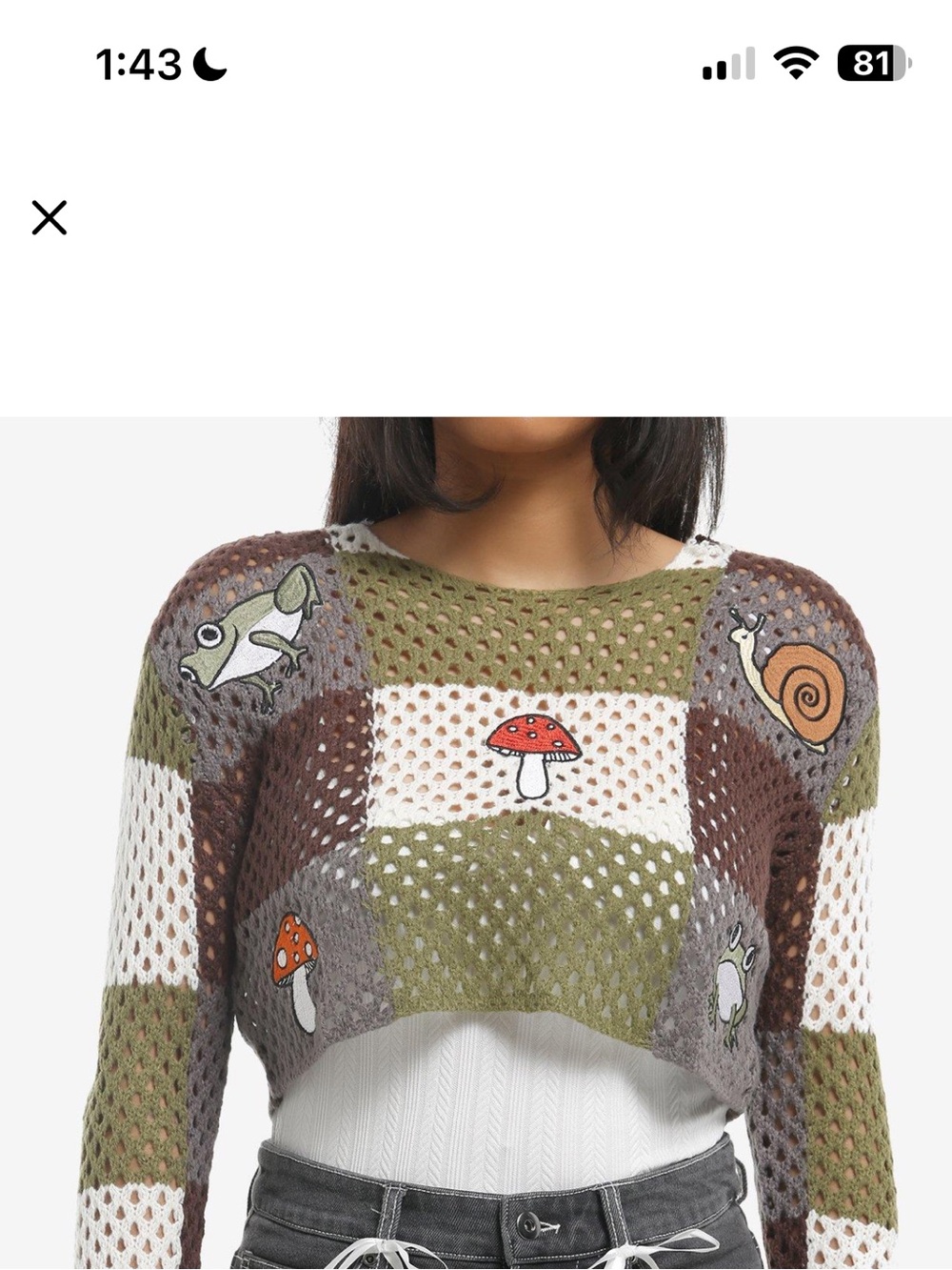 Hot Topic Crochet Patchwork Sweater in Olive, Brown, White
